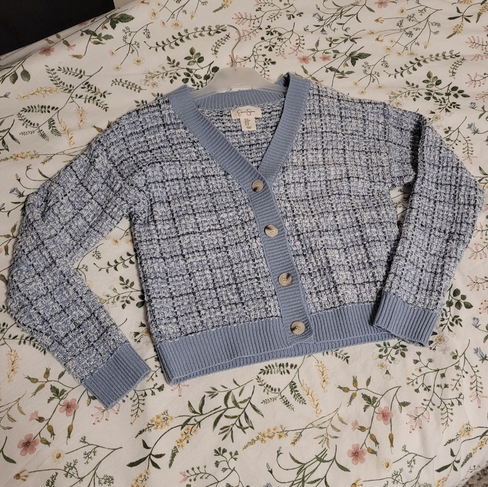 Tweed Style Blue Jessica Simpson Old Money Classy Cardigan